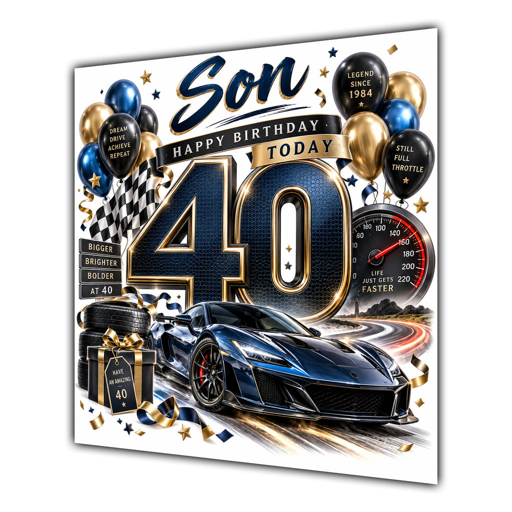 Son 40th Birthday Card Sports Car Chequered Flags