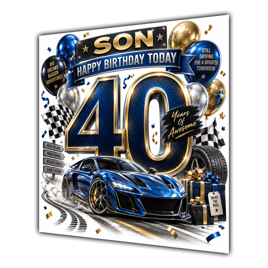 Son 40th Birthday Card Sports Car Chequered Flags