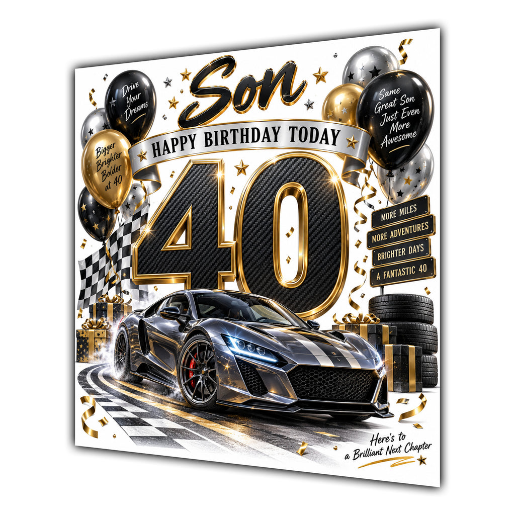 Son 40th Birthday Card Sports Car Chequered Flags