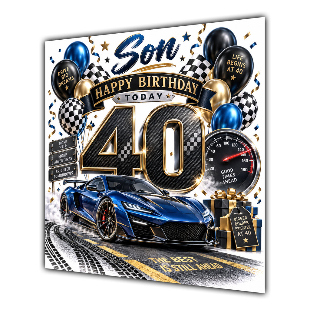 Son 40th Birthday Card Sports Car Chequered Flags