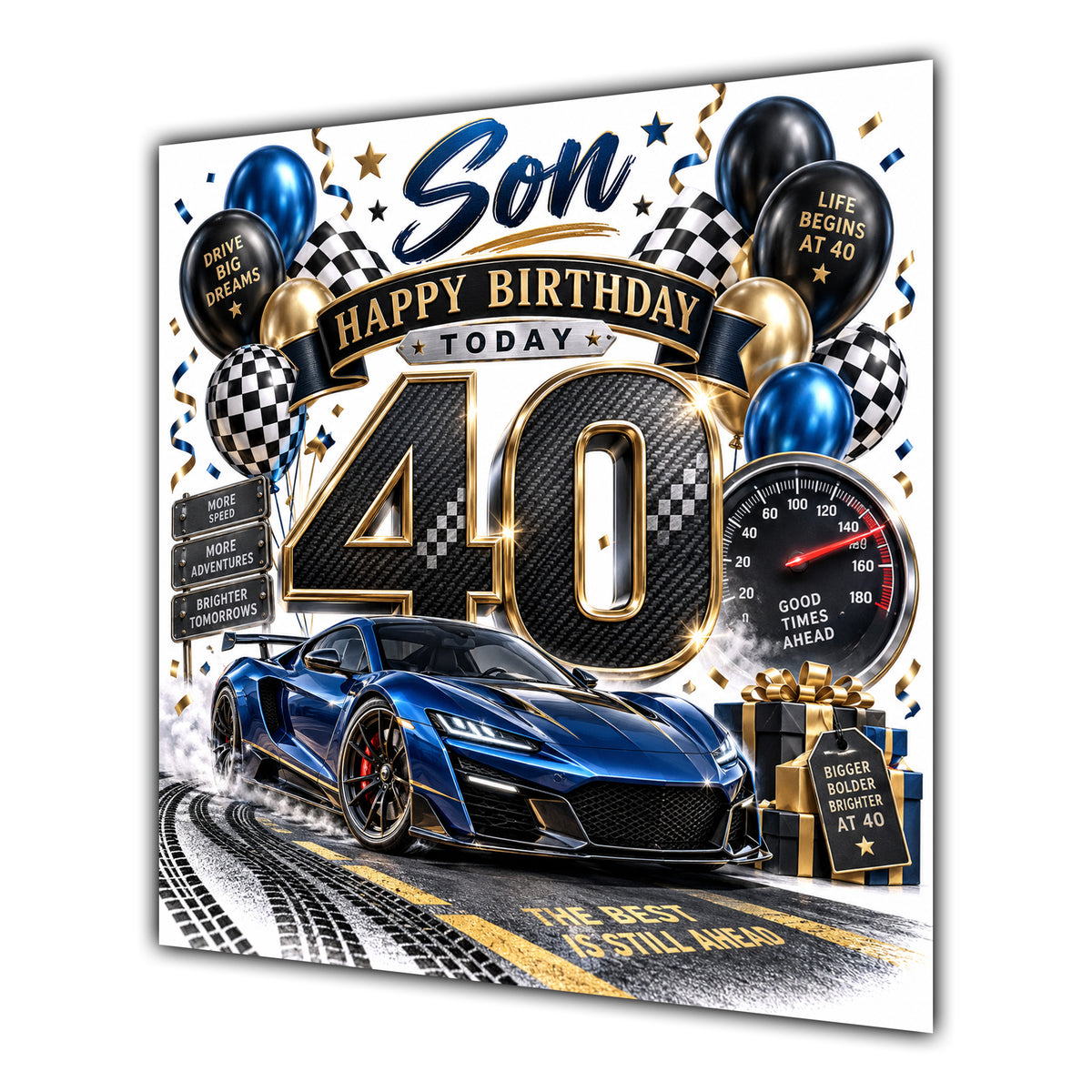 Son 40th Birthday Card Sports Car Chequered Flags