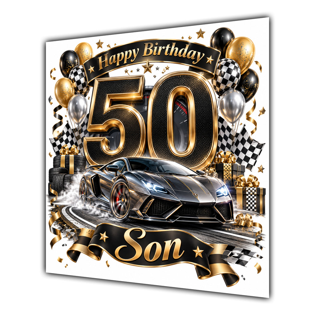 Son 50th Birthday Card Sports Car Chequered Flags