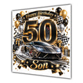 Son 50th Birthday Card Sports Car Chequered Flags