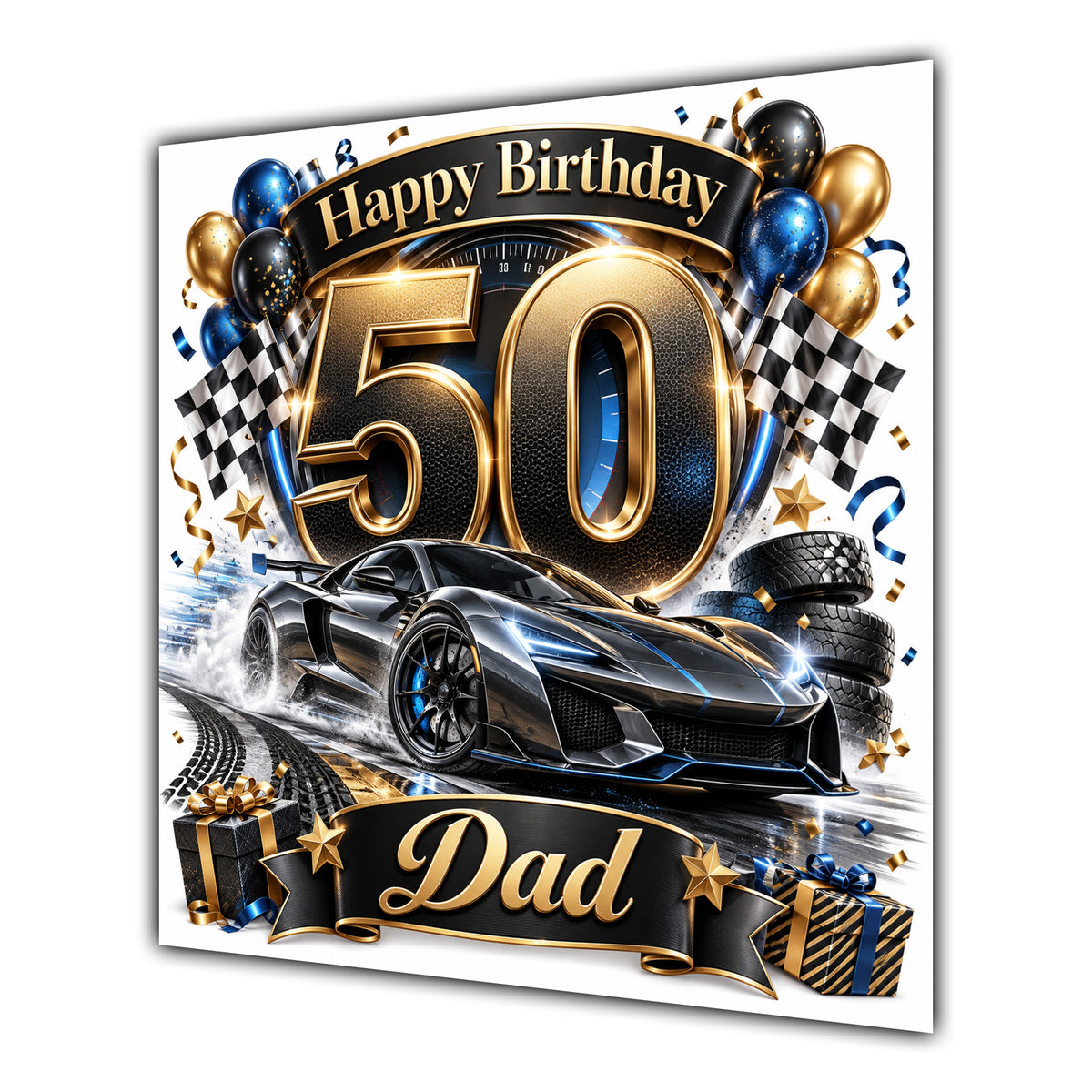 Dad 50th Birthday Card Sports Car Chequered Flags