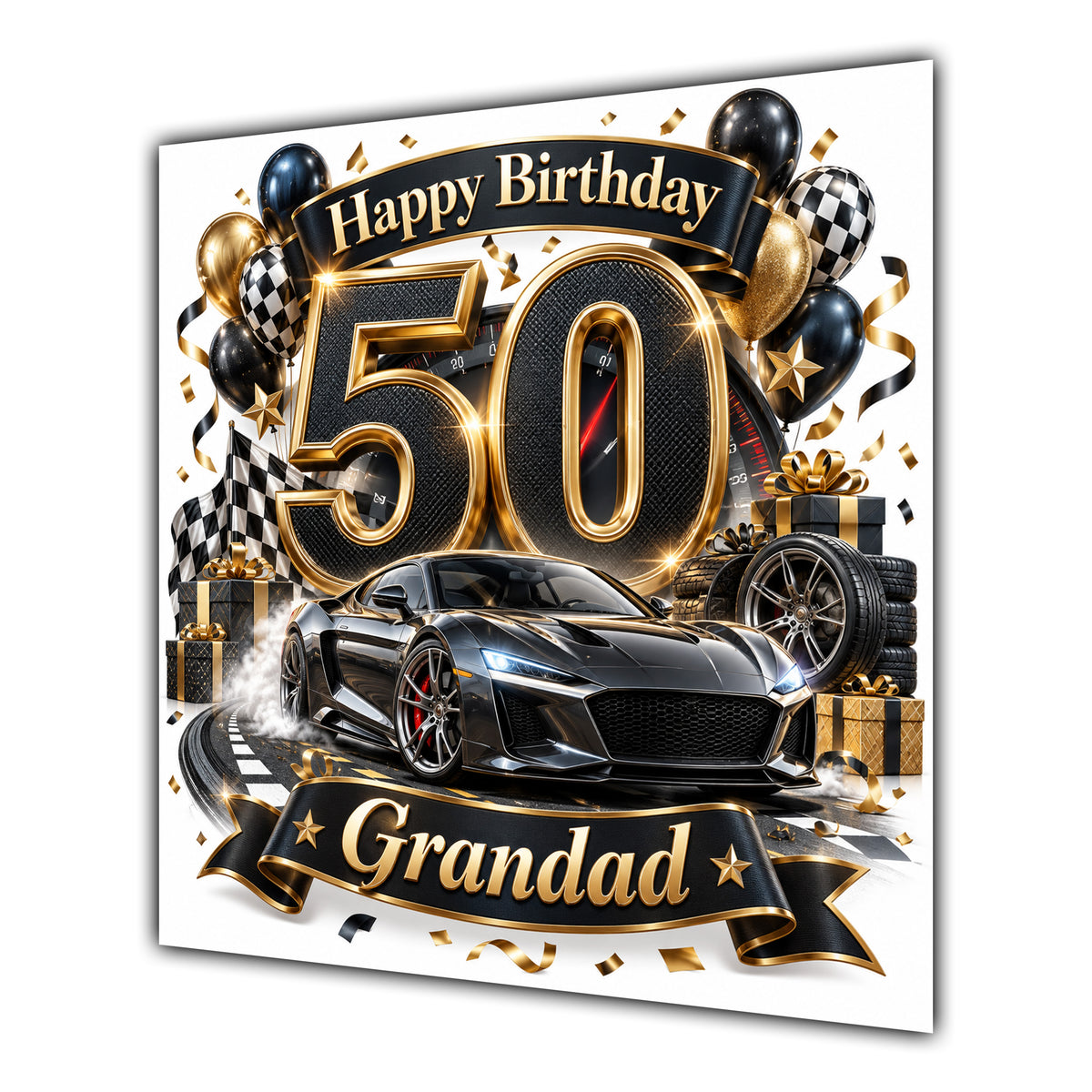 Grandad 50th Birthday Card Sports Car Chequered Flags