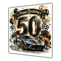 50th Birthday Card Sports Car Chequered Flags