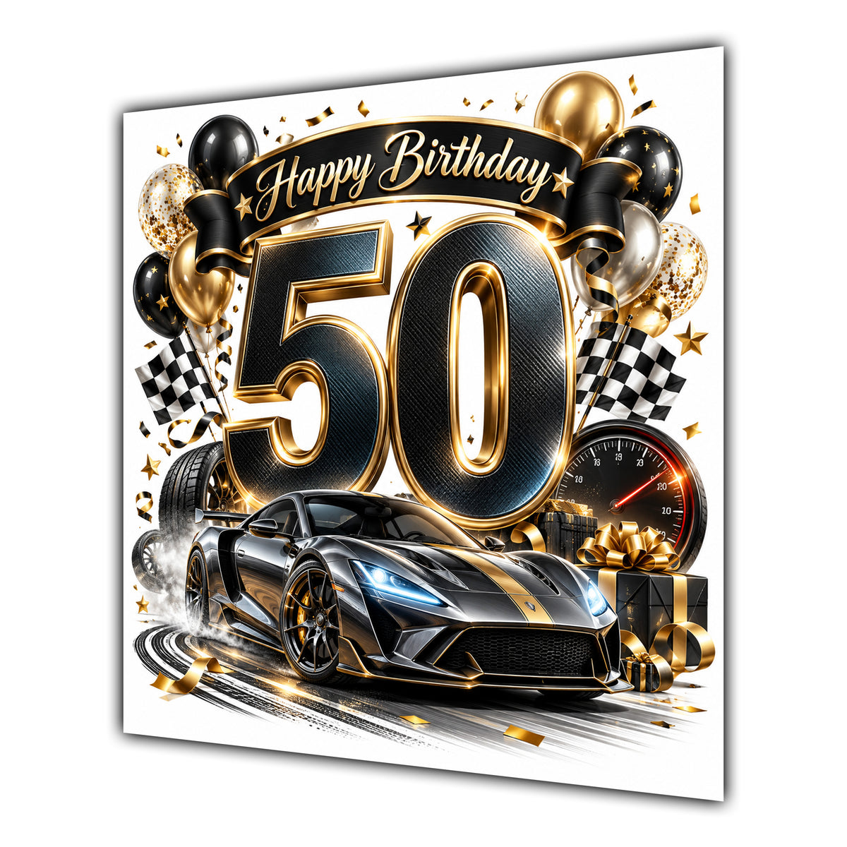 50th Birthday Card Sports Car Chequered Flags