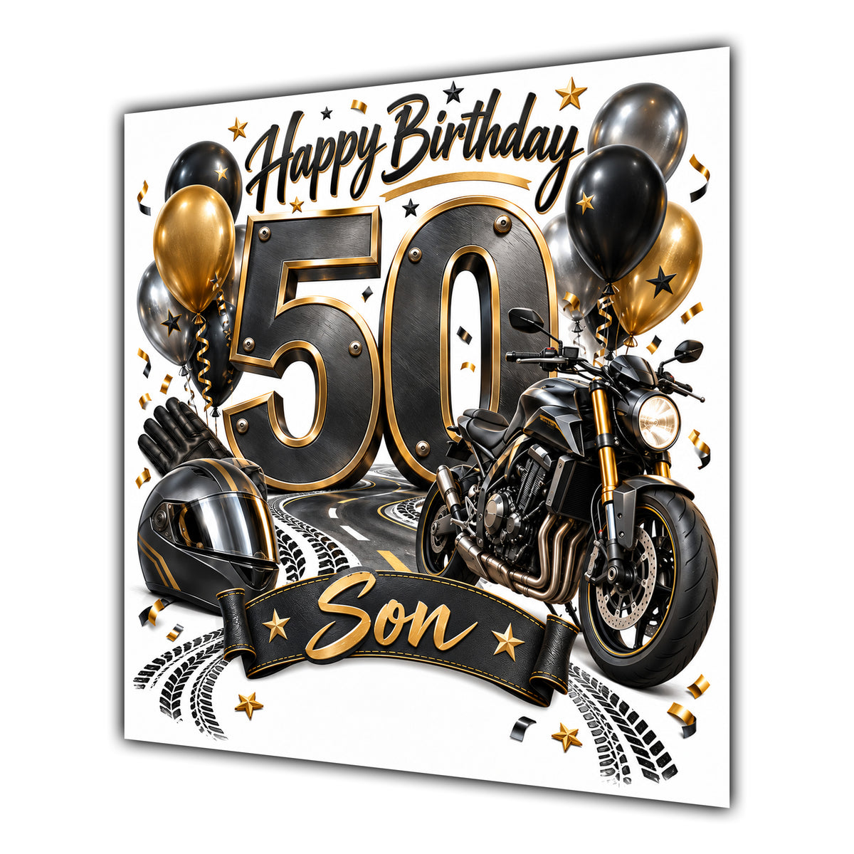 Son 50th Birthday Card Motorbike Helmet Balloons