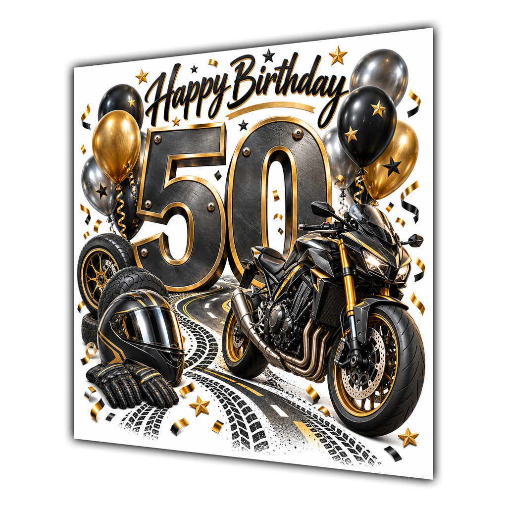 50th Birthday Card Motorbike Helmet Balloons
