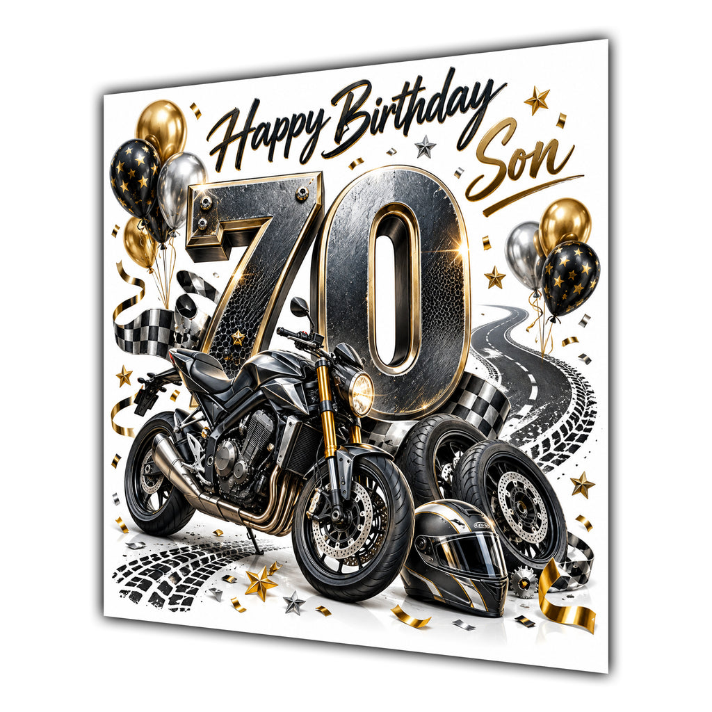Son 70th Birthday Card Motorbike Helmet Balloons