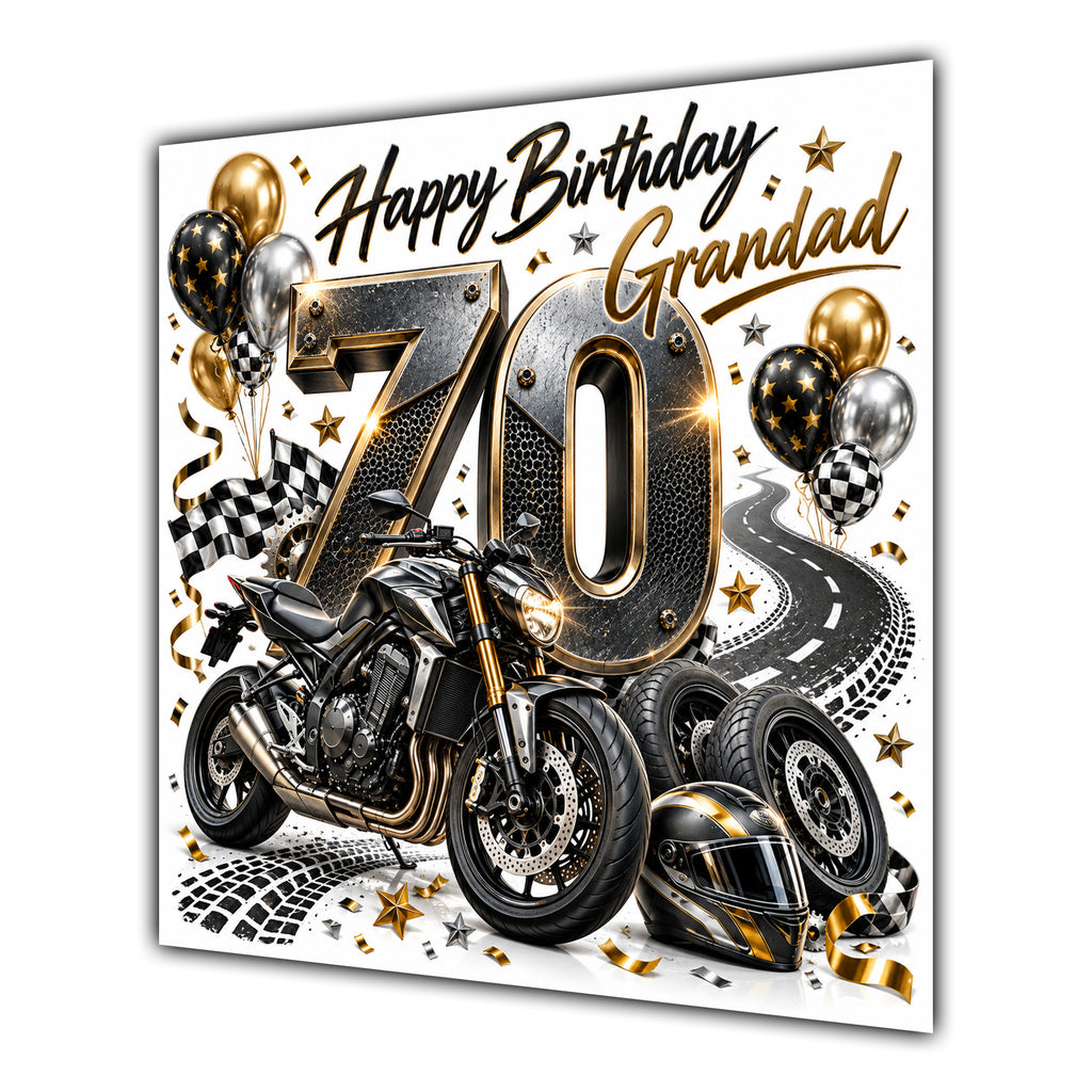 Grandad 70th Birthday Card Motorbike Helmet Balloons