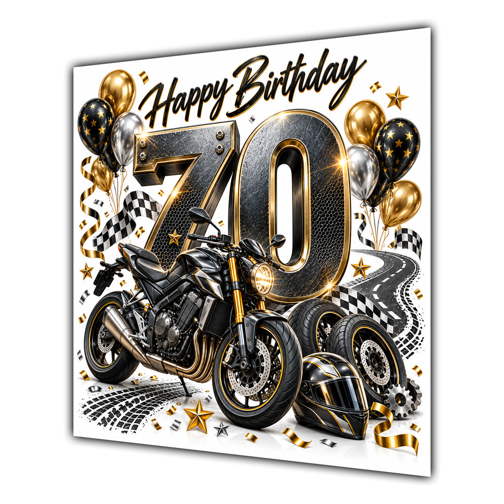 70th Birthday Card Motorbike Helmet Balloons