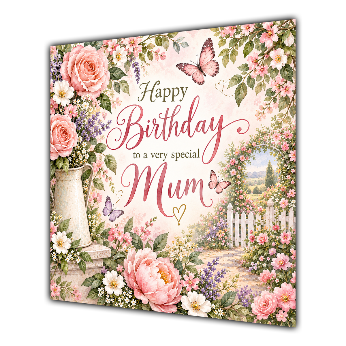 Mum Birthday Card Pink Roses Cottage Garden Butterflies