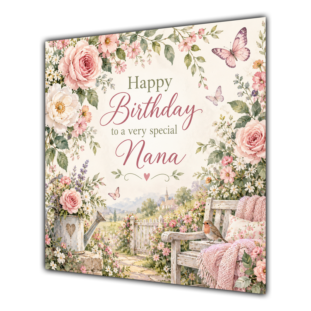 Nana Birthday Card Pink Roses Cottage Garden Butterflies