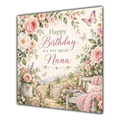 Nana Birthday Card Pink Roses Cottage Garden Butterflies