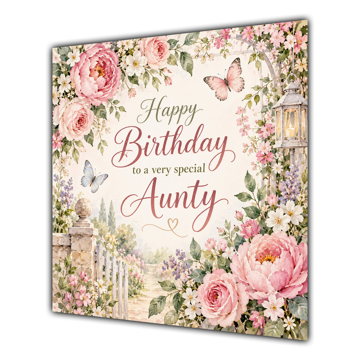 Aunty Birthday Card Pink Roses Cottage Garden Butterflies