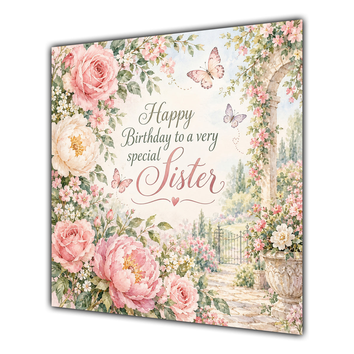 Sister Birthday Card Pink Roses Cottage Garden Butterflies