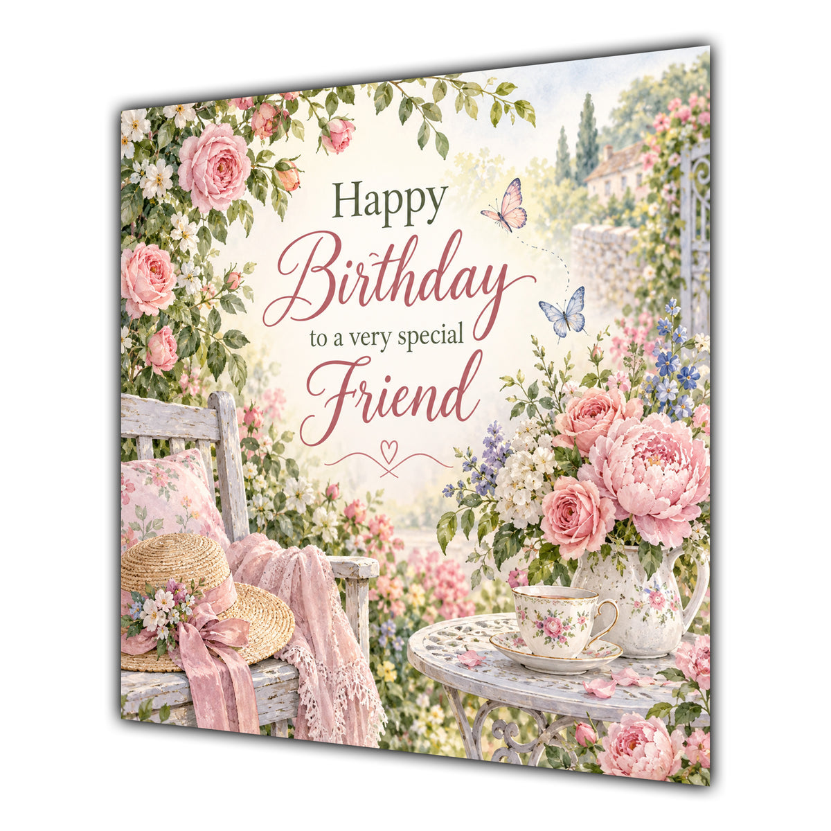 Friend Birthday Card Pink Roses Cottage Garden Butterflies