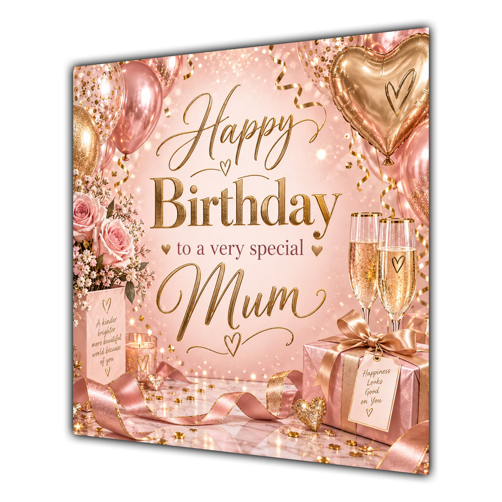 Mum Birthday Card Rose Gold Balloons Champagne