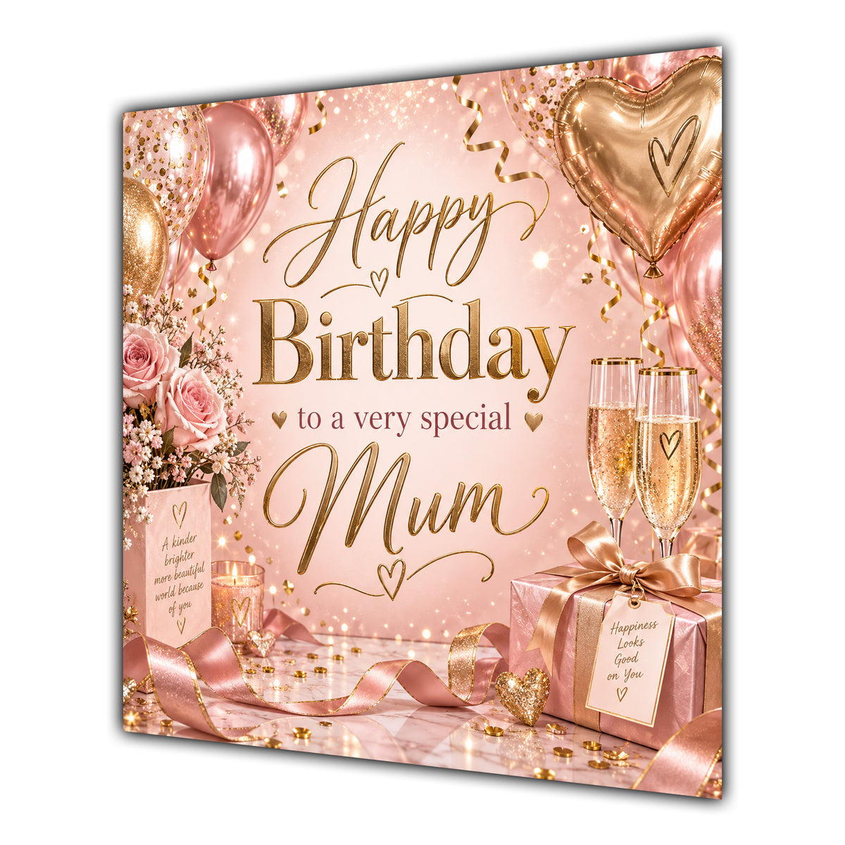 Mum Birthday Card Rose Gold Balloons Champagne
