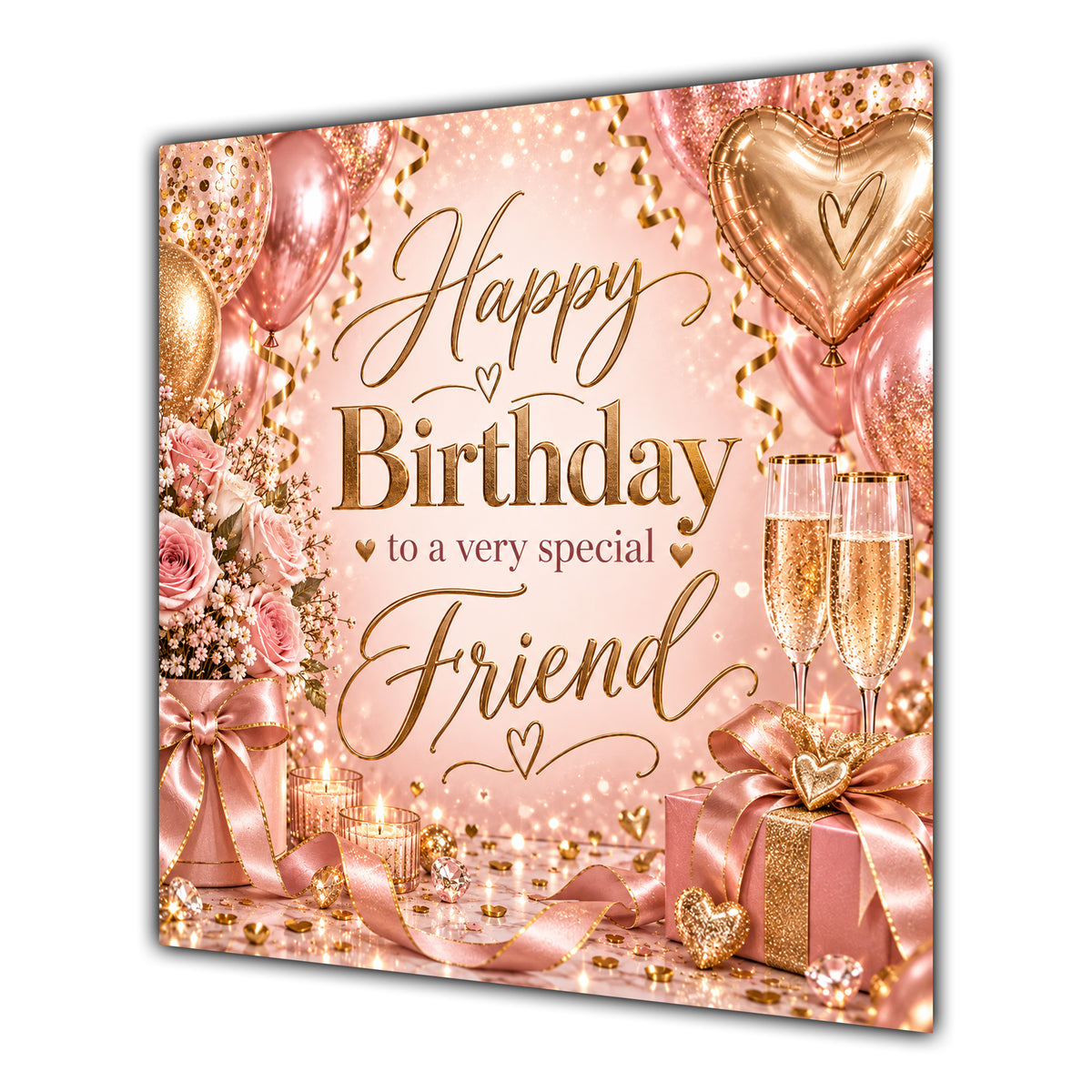 Friend Birthday Card Rose Gold Balloons Champagne