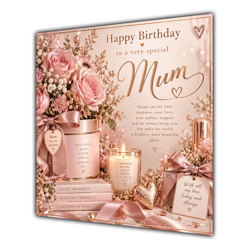 Mum Birthday Card Pink Roses Candles Gifts