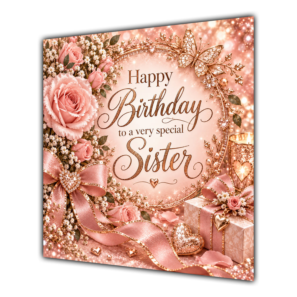 Sister Birthday Card Rose Gold Roses Hearts