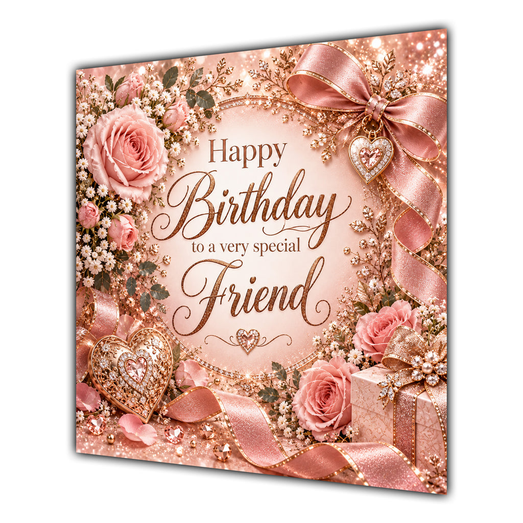 Friend Birthday Card Rose Gold Roses Hearts