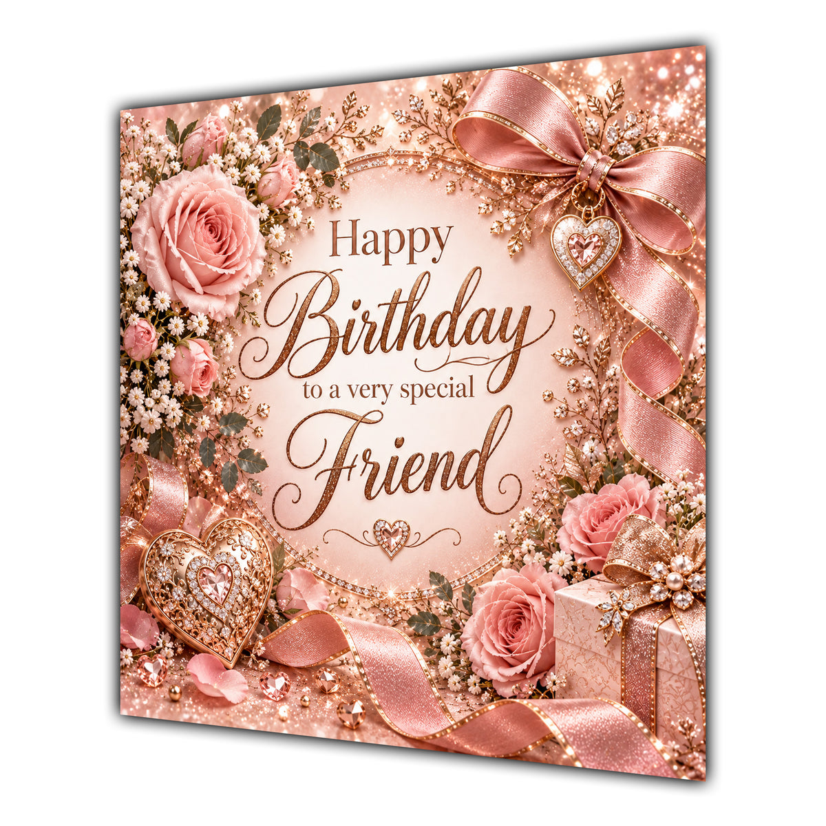 Friend Birthday Card Rose Gold Roses Hearts