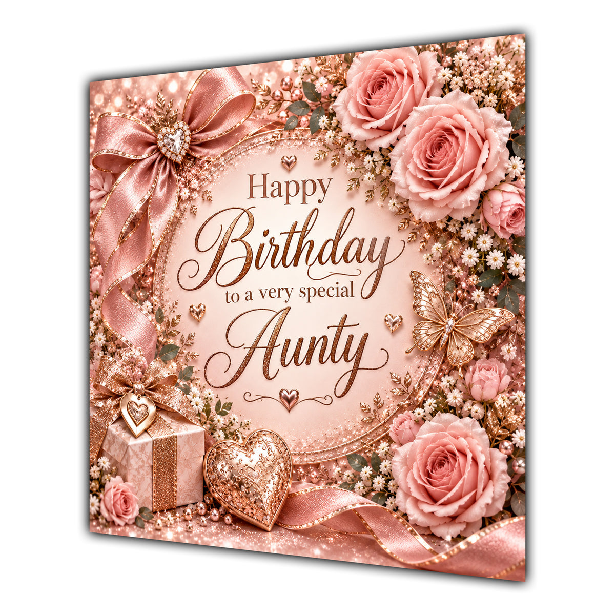 Aunty Birthday Card Rose Gold Roses Hearts
