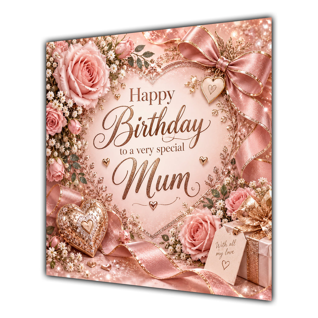 Mum Birthday Card Rose Gold Roses Hearts