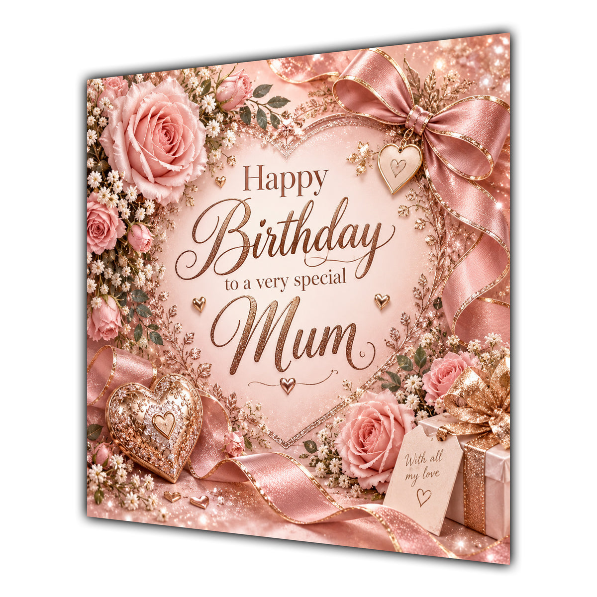 Mum Birthday Card Rose Gold Roses Hearts