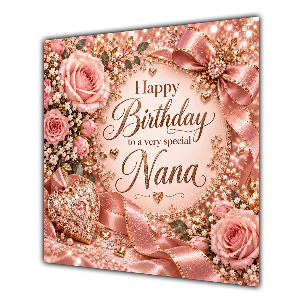 Nana Birthday Card Rose Gold Roses Hearts