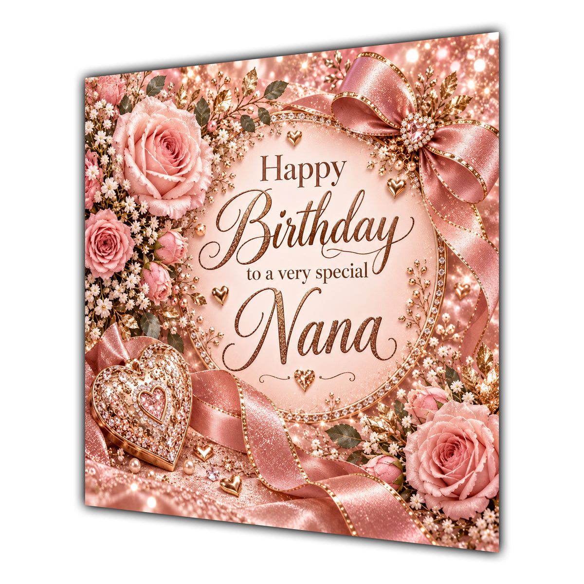 Nana Birthday Card Rose Gold Roses Hearts