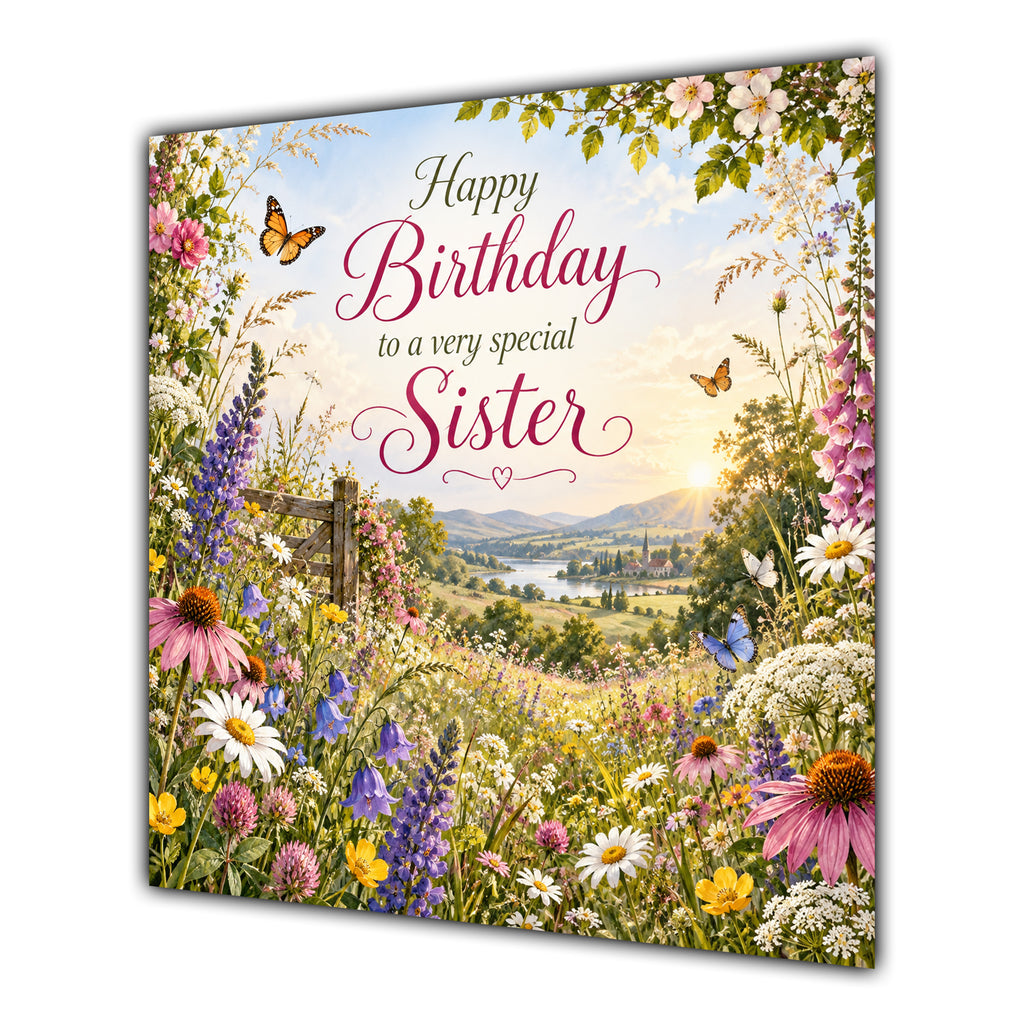 Sister Birthday Card Wildflower Meadow Butterflies