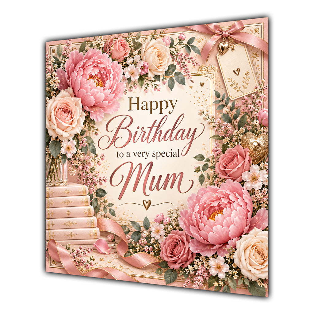 Mum Birthday Card Pink Peonies Roses Books