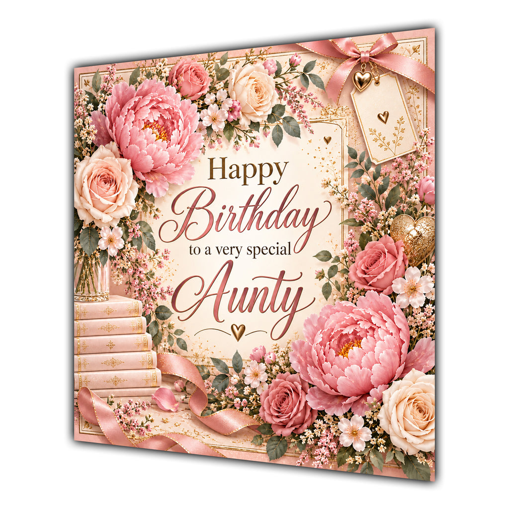 Aunty Birthday Card Pink Peonies Roses Books