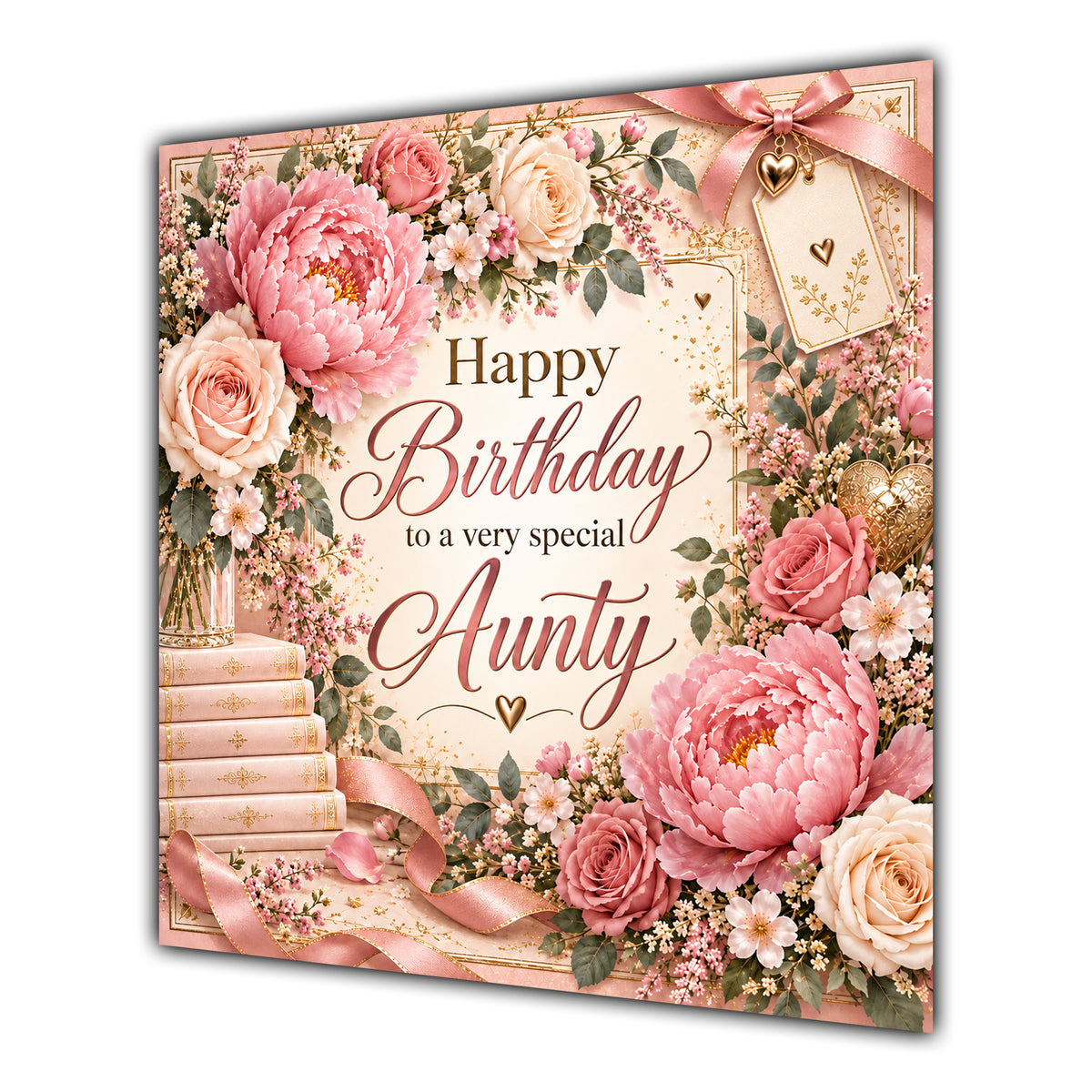 Aunty Birthday Card Pink Peonies Roses Books