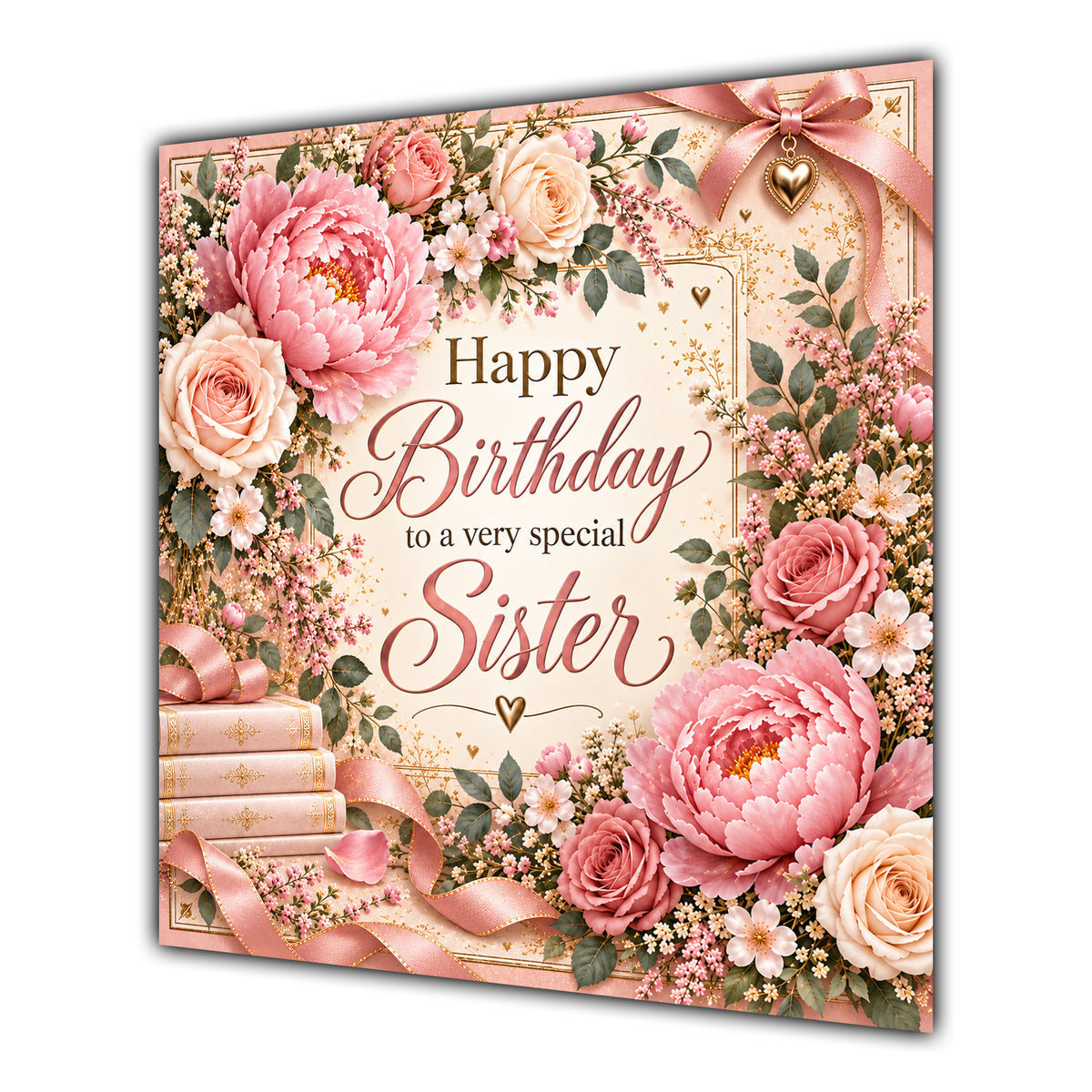 Sister Birthday Card Pink Peonies Roses Books