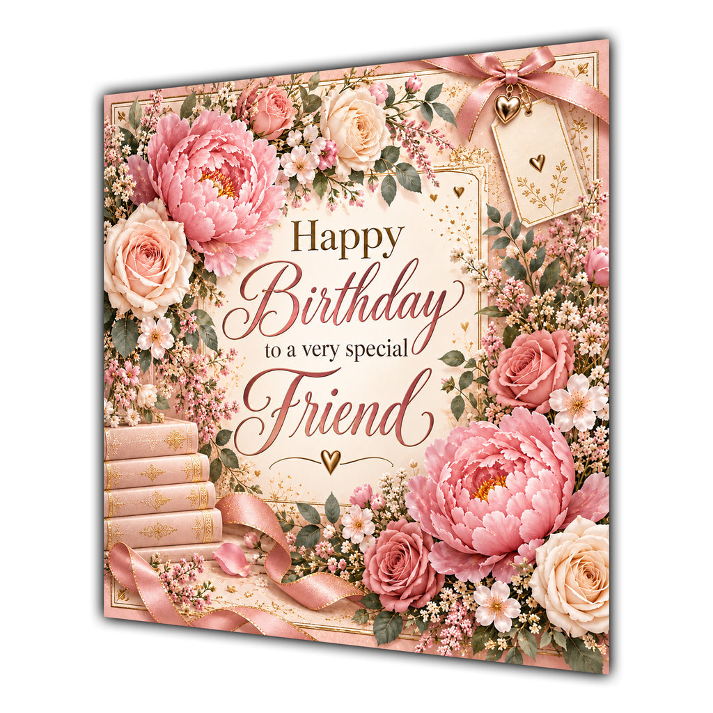 Friend Birthday Card Pink Peonies Roses Books