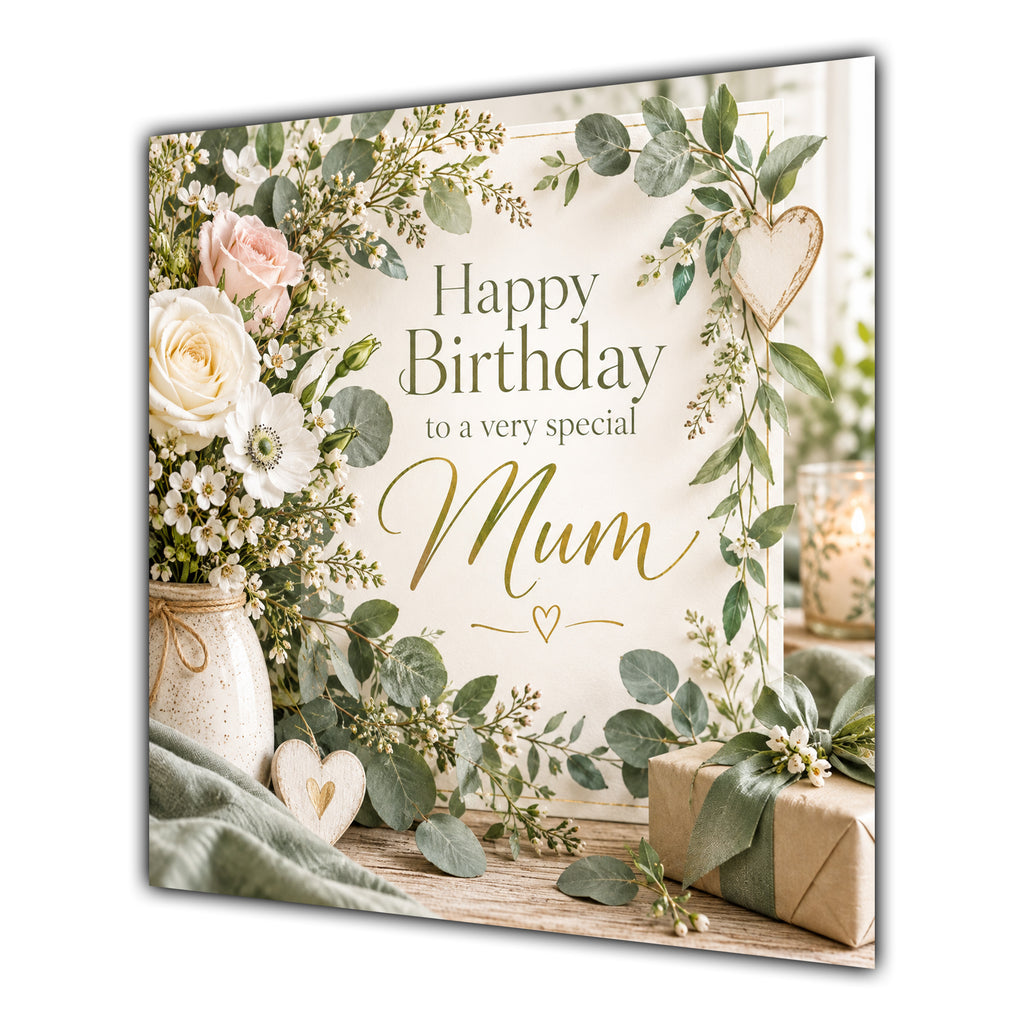 Mum Birthday Card Sage Green Foliage Cream Roses