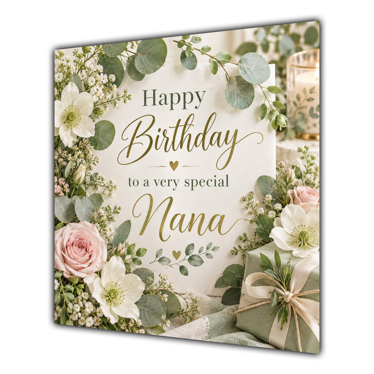 Nana Birthday Card Sage Green Foliage Cream Roses