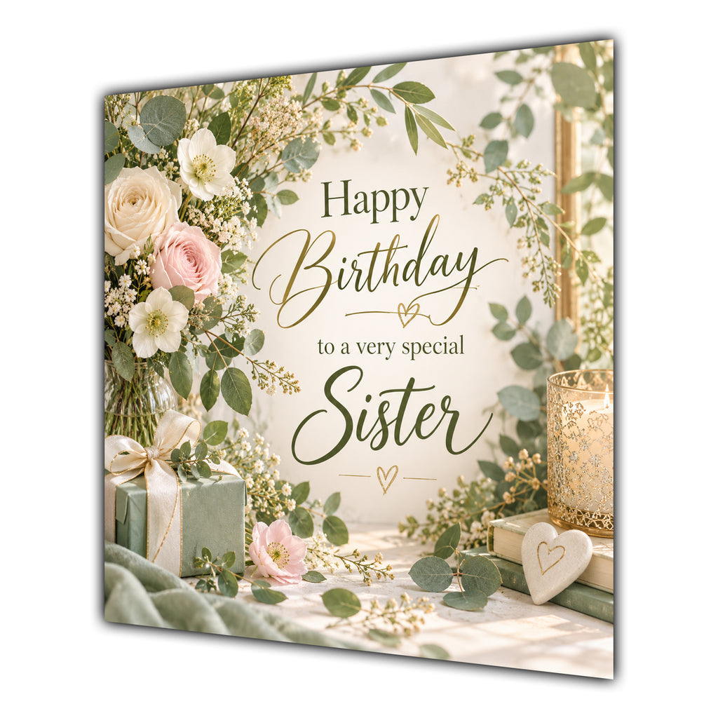 Sister Birthday Card Sage Green Foliage Cream Roses
