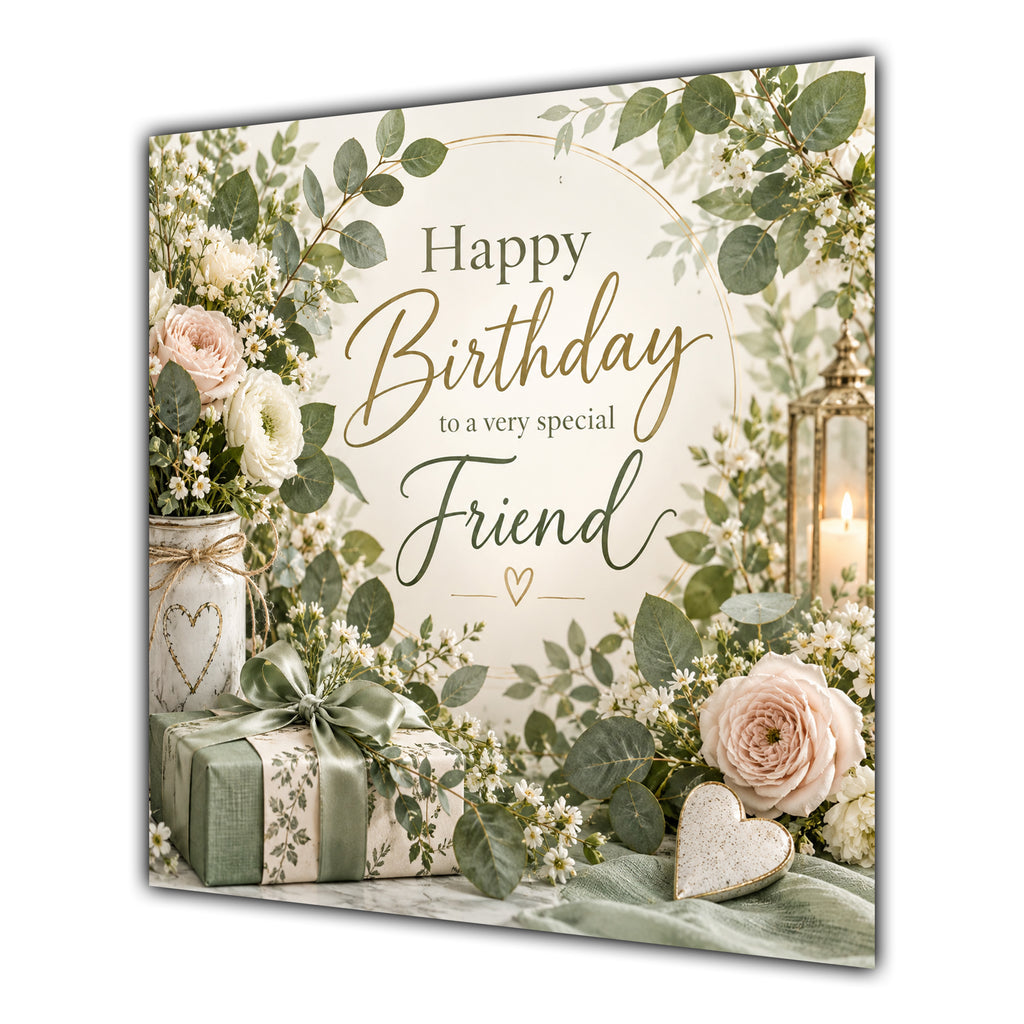 Friend Birthday Card Sage Green Foliage Cream Roses
