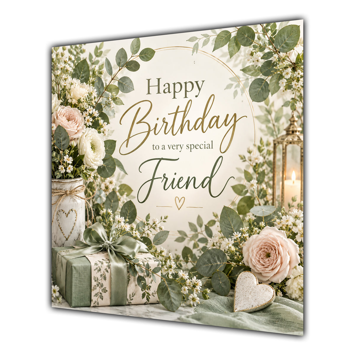 Friend Birthday Card Sage Green Foliage Cream Roses