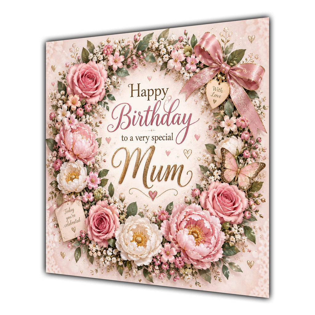 Mum Birthday Card Pink Floral Wreath