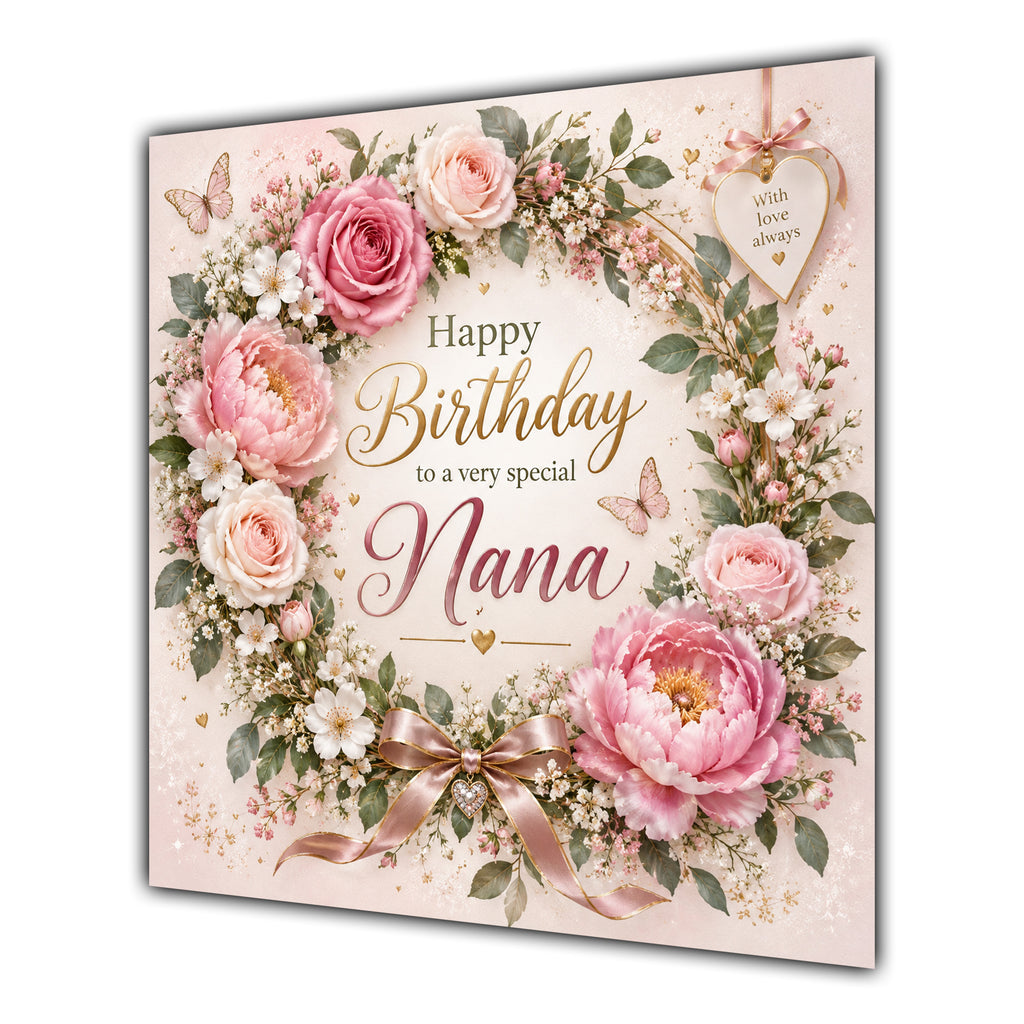 Nana Birthday Card Pink Floral Wreath