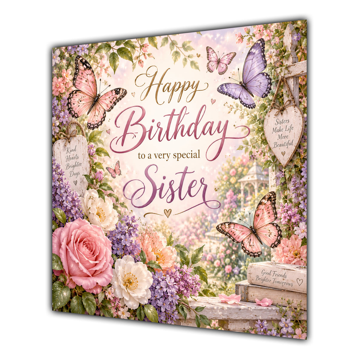 Sister Birthday Card Butterflies Flower Garden