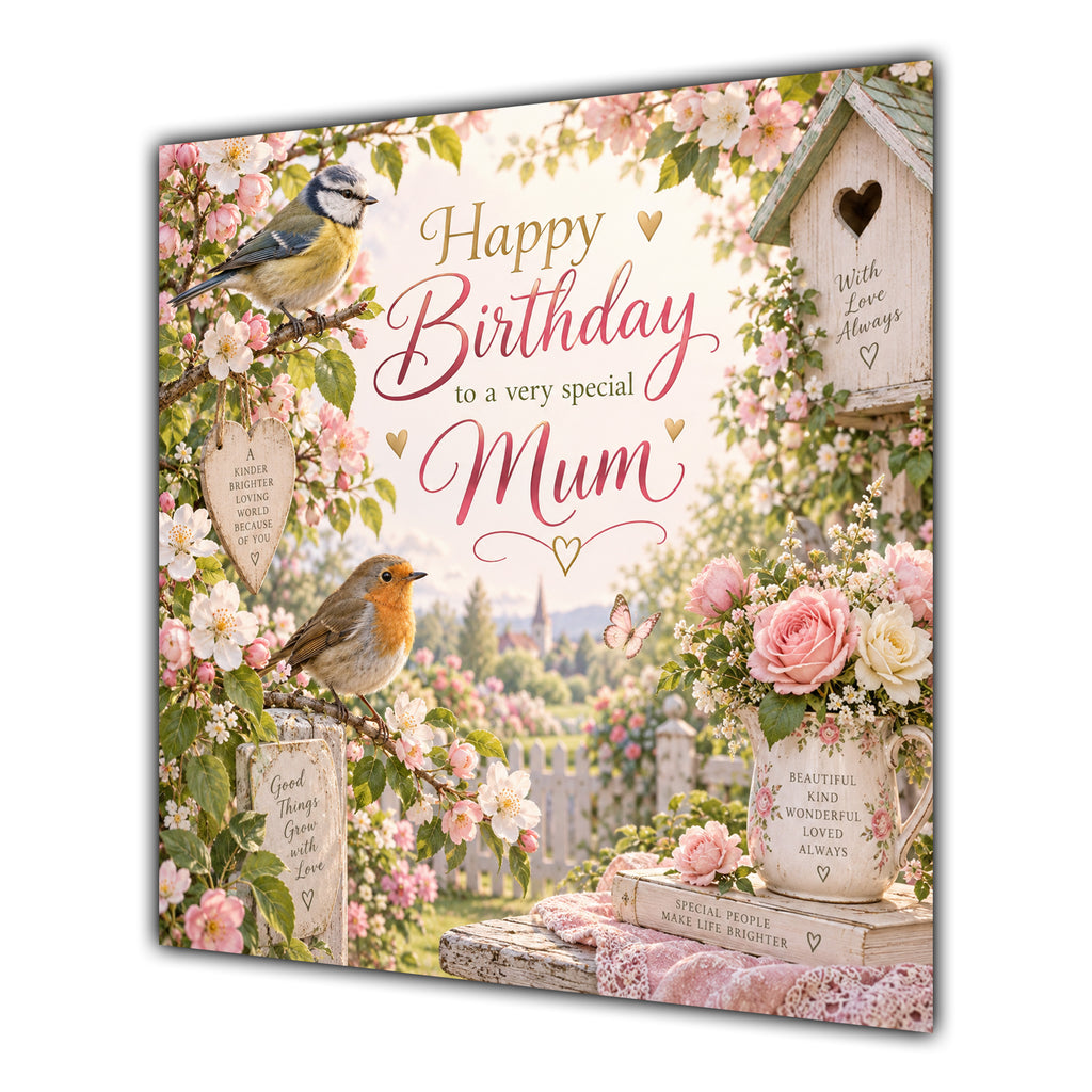 Mum Birthday Card Garden Birds Flowers