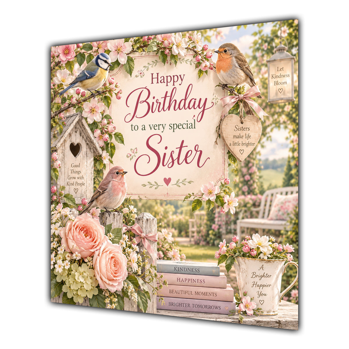Sister Birthday Card Garden Birds Flowers